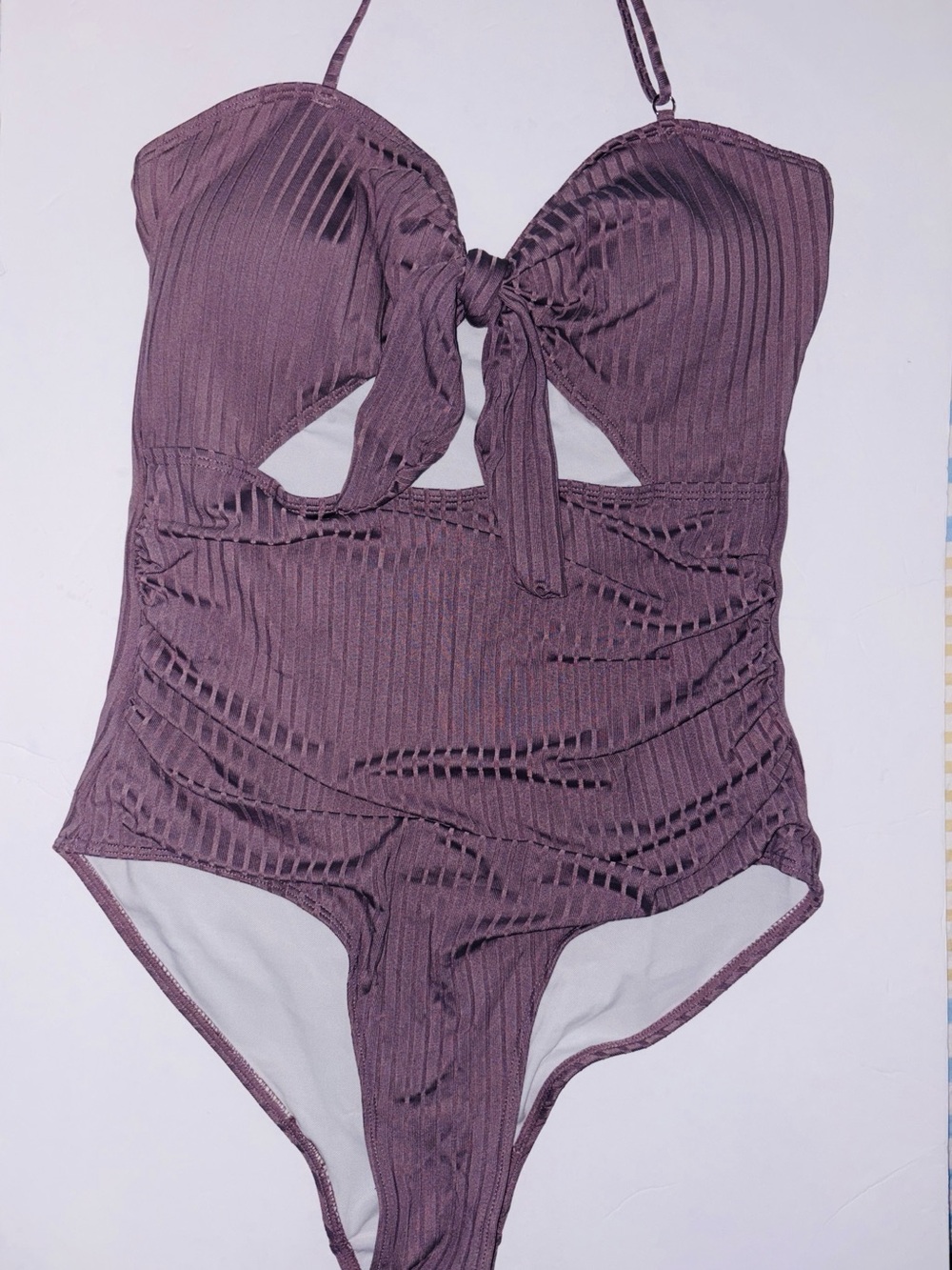 SHEIN Curve Mauve Brown Ribbed One-Piece Swimsuit with Front Tie
